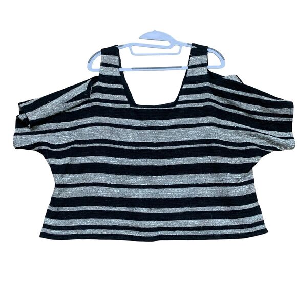 MORGAN CARPER Anthropologie Boucle Knit Stripe Open Cold Shoulder Top - Picture 10 of 12